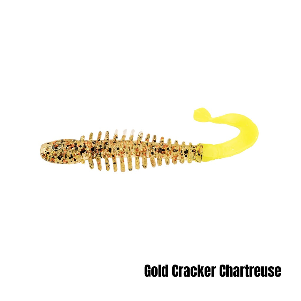 BERKLEY POWERBAIT CURLY BONES 4 INCH - COLOUR: GOLD CRACKER CHARTREUSE