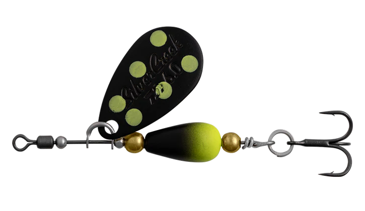 DAIWA SILVERCREEK SPINNER 6.0GR COLOUR BLACK CHARTREUSE DOT