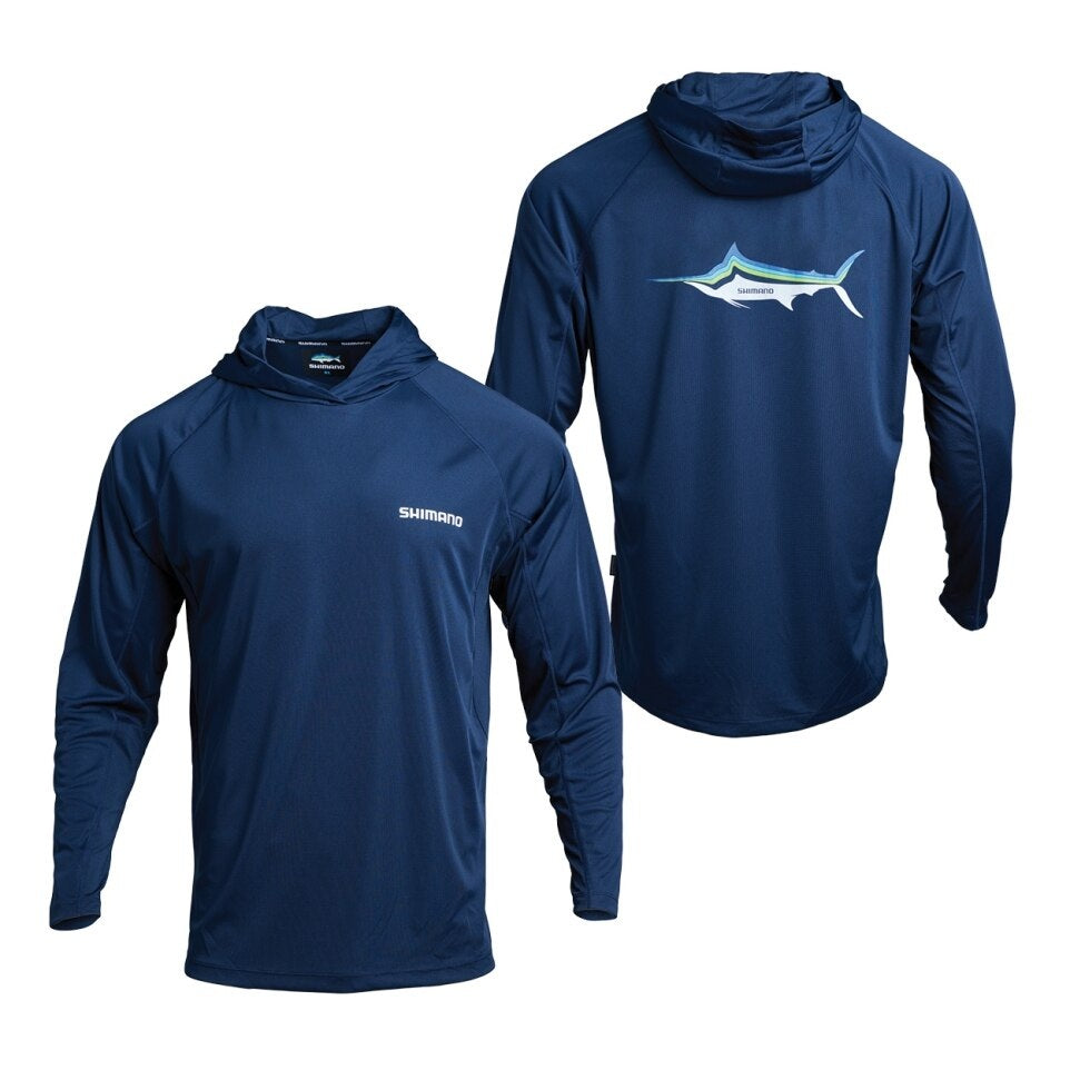 SHIMANO PERFORMANCE LS HOODED TECH TEE (COLOUR: MARLIN/NAVY) - 2X LARGE